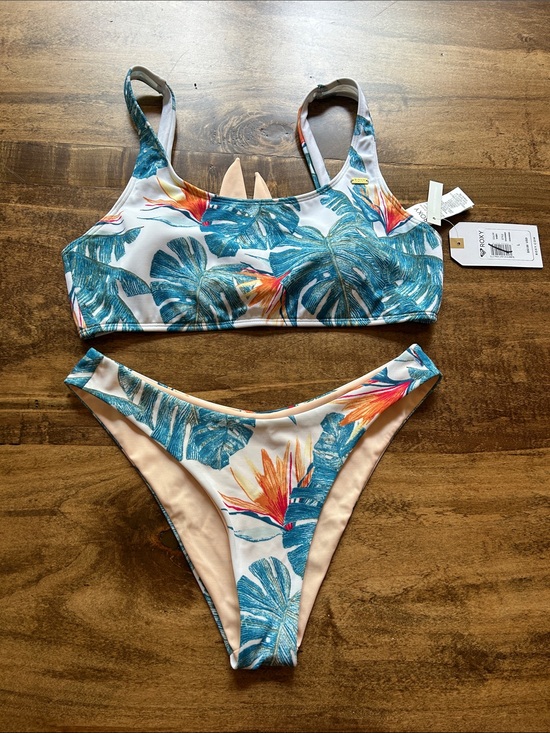 Roxy Other - Roxy Blue Tropical Leaf & Peach Bikini Set Discontinued Sz S L